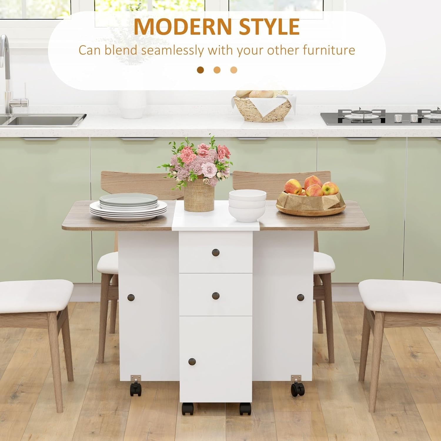 Folding Drop Leaf Dining Table 4-6 Seater on Wheels with Storage Oak and White