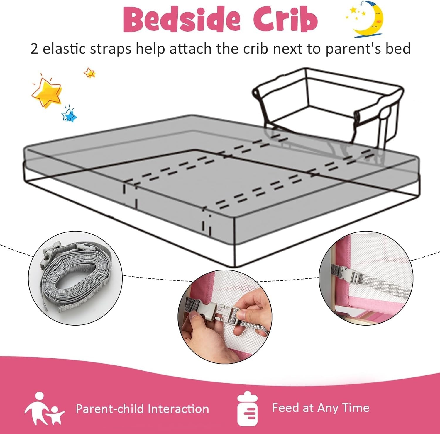 4in1 Baby Bedside Crib Adjustable Rocking Bassinet with Mattress & Storage Pink