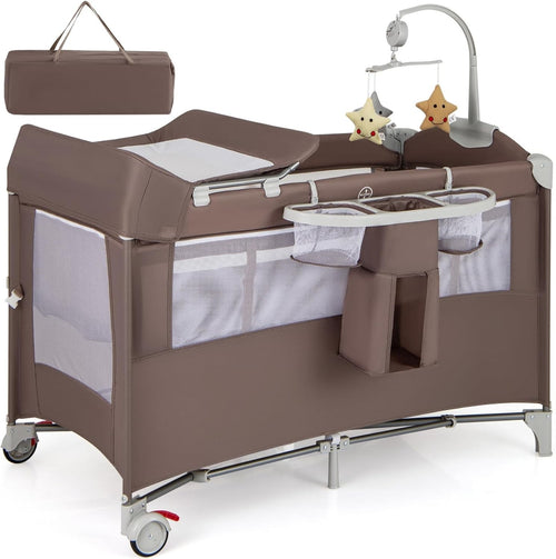 5in1 Baby Travel Cot Foldable Crib with Mattress Basket Changer & Storage Brown