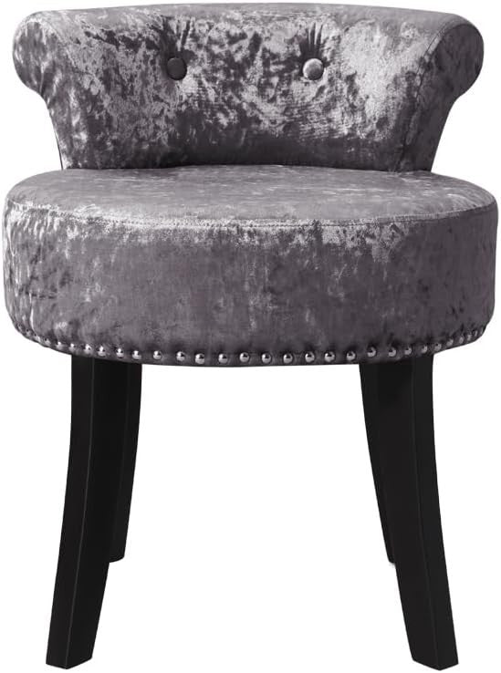 Dark Grey Velvet Dressing Table Stool with Wooden Legs & Tufted Back