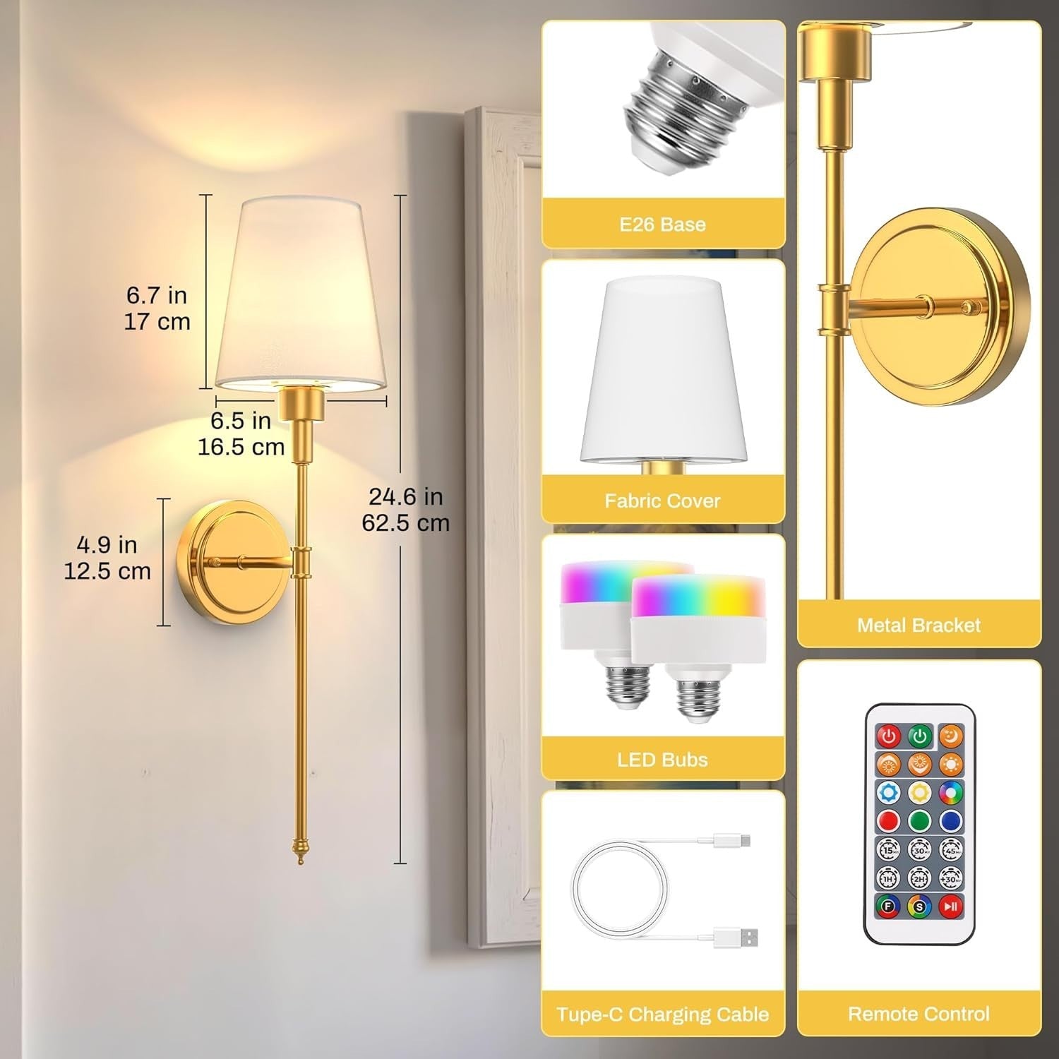 Wireless Battery Operated Wall Sconces Set of 2, Remote & Dimmable