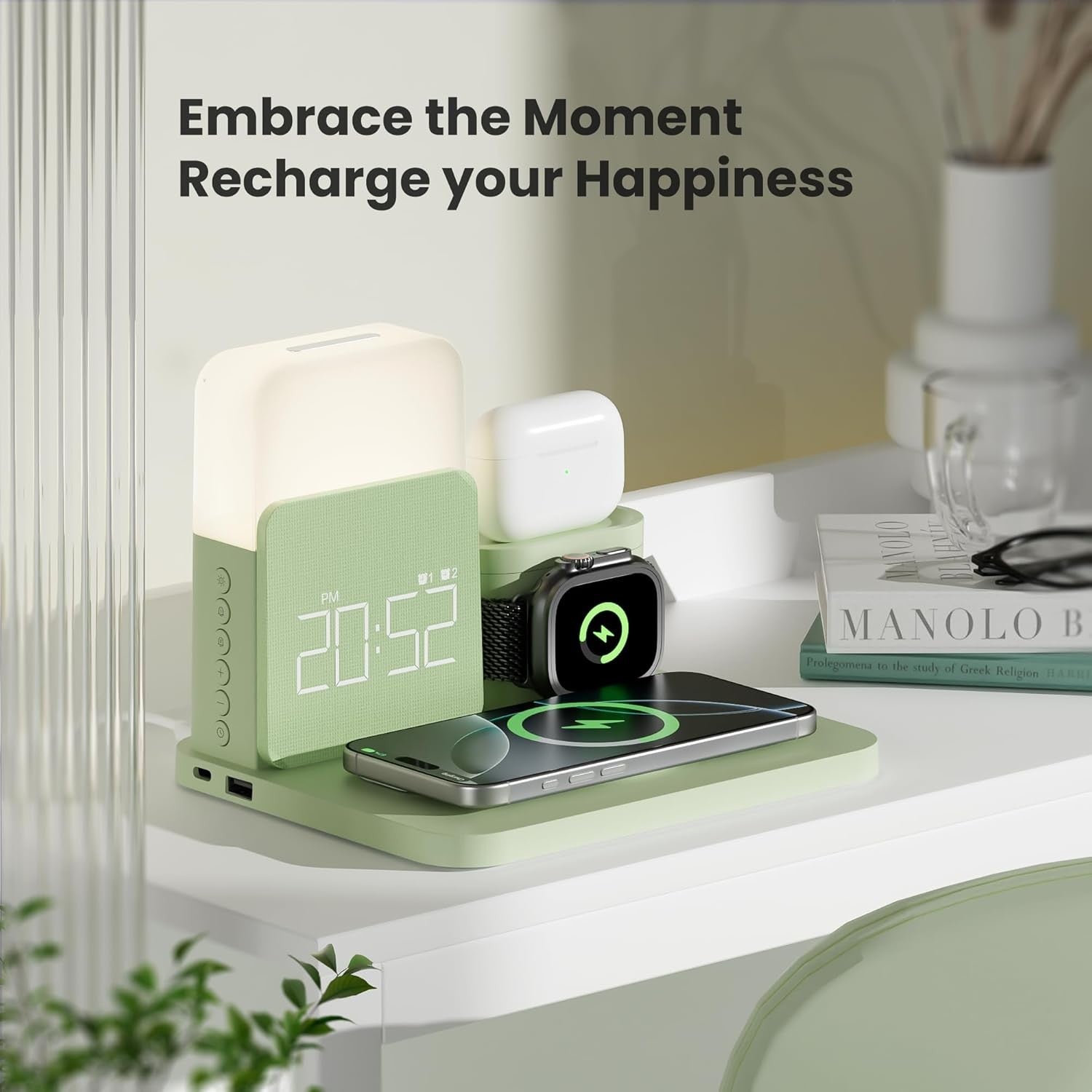 6 in 1 Wireless Charging Station Alarm Clock Night Light Magnetic Stand