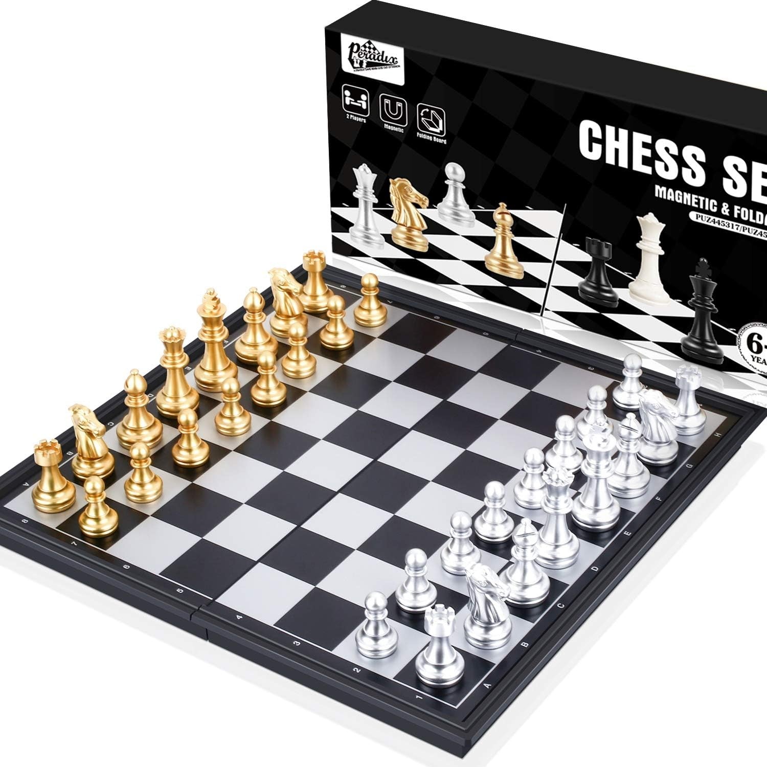 Portable Magnetic Travel Chess Set Foldable Board Gold Silver Pieces 2-Player