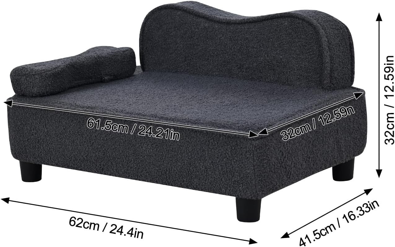 Pet Sofa Bed Teddy Velvet Dog Cat Couch w Wood Base Grey