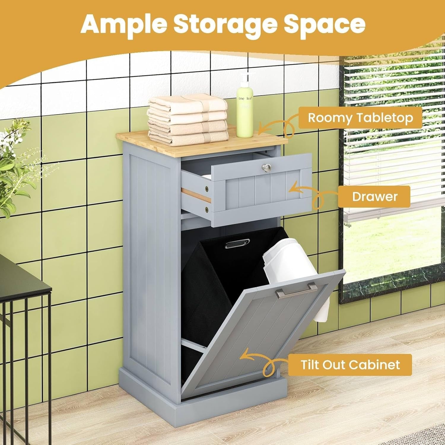 Grey 30L Tilt-Out Laundry Cabinet With Drawer Bamboo Top Modern Storage