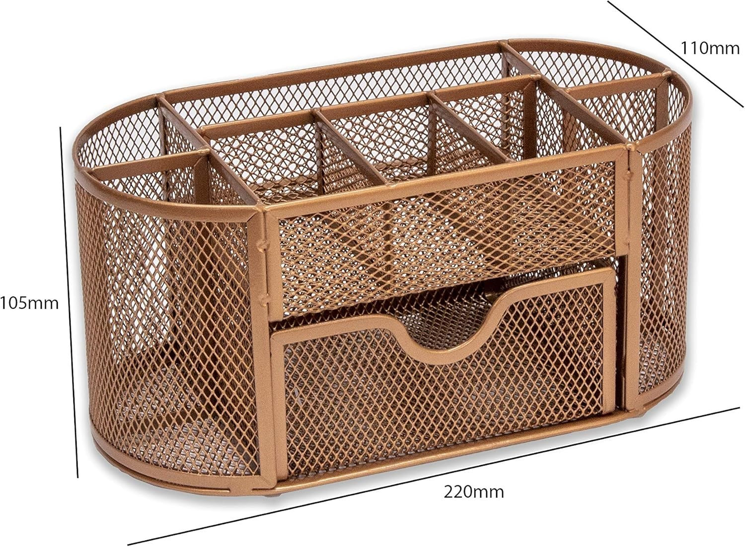 8-Compartment Rose Gold Desk Organiser with Drawer – Pen & Stationery Tidy