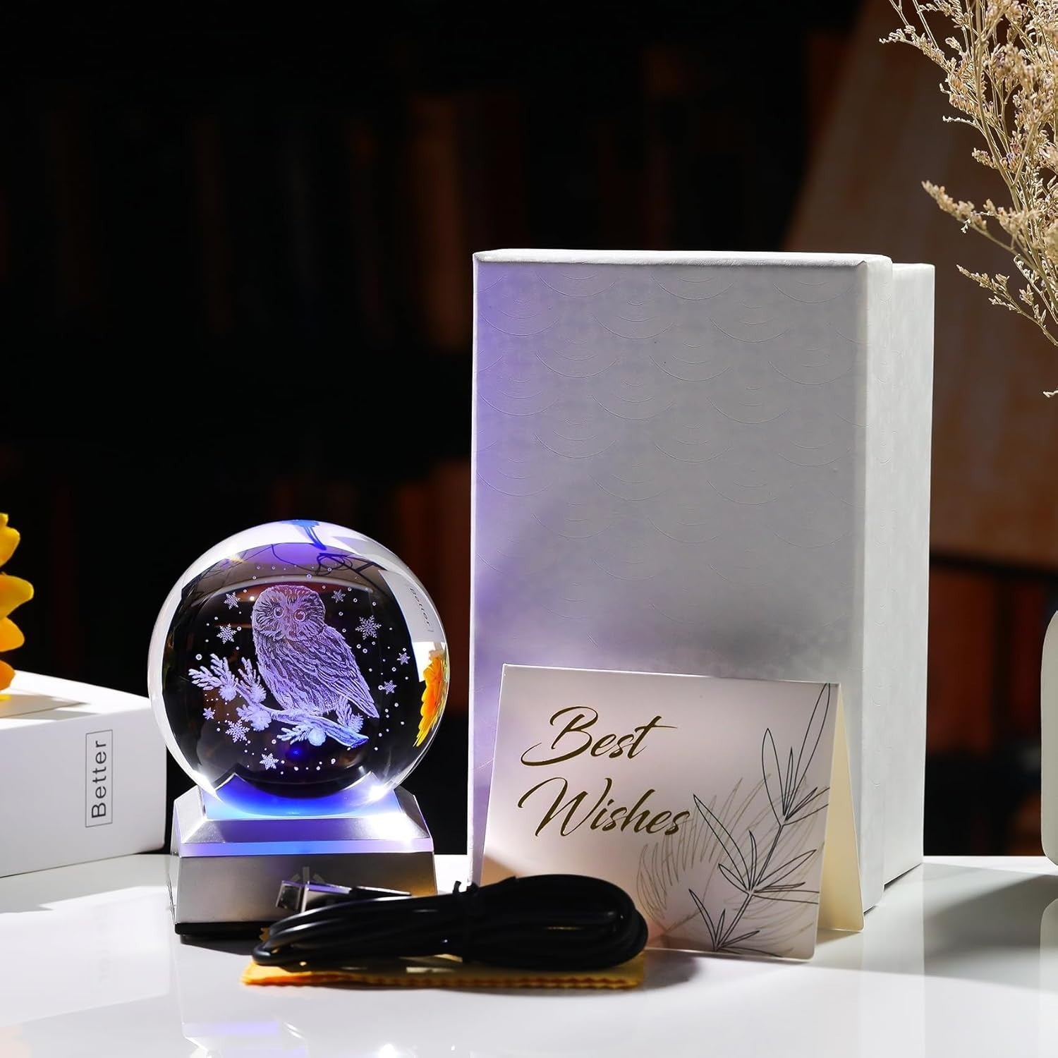 3D Crystal Owl Ball LED Light Sphere Ornament Gift Home Decor 8cm K9 Glass