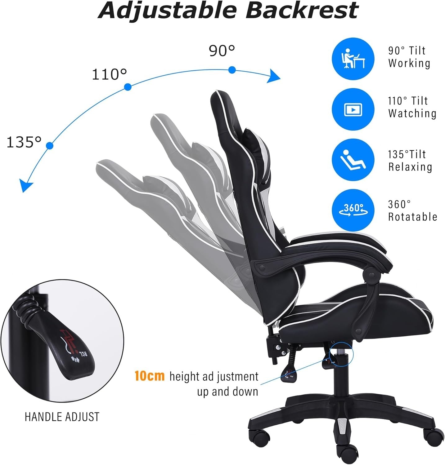Ergonomic Gaming Chair w/ Lumbar Support Headrest Swivel White
