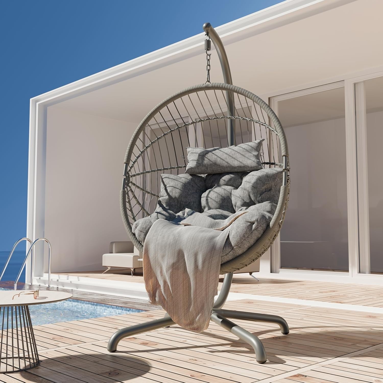 Rattan Hanging Egg Chair with Cushion & Stand for Indoor Outdoor Use