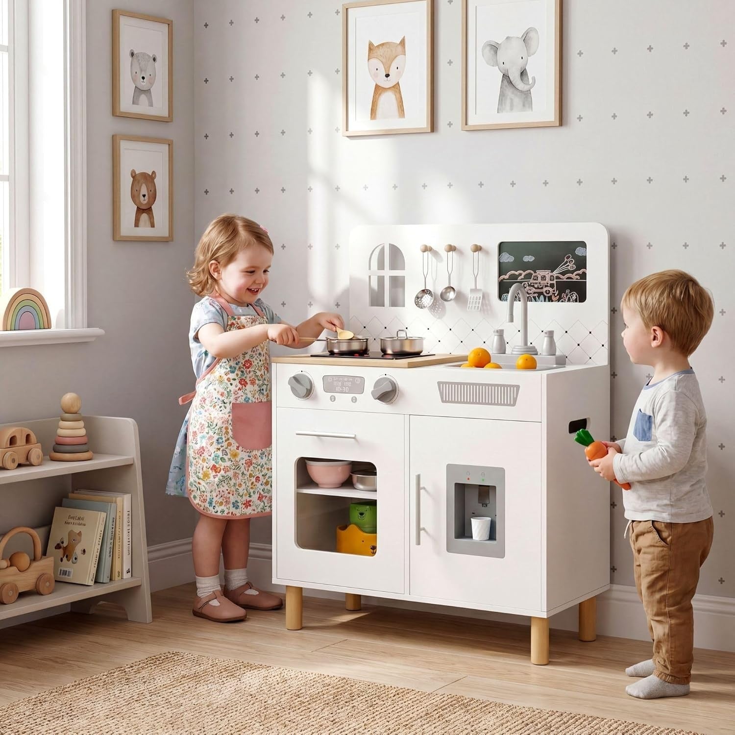 Kids Wooden Play Kitchen w/ Lights Sounds Chalkboard White Toy