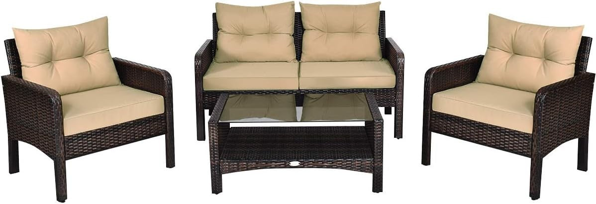 4PC Rattan Garden Conversation Set Cushioned Sofa Chairs Glass Table
