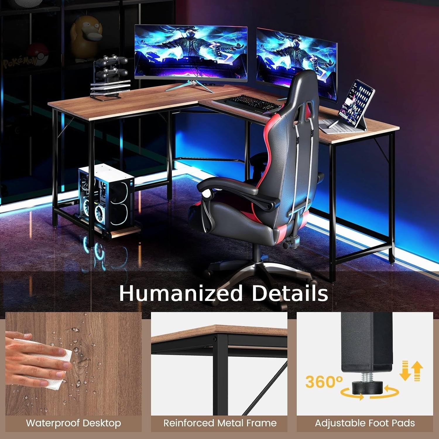 Natural L-Shaped Desk 168cm Corner Computer Table with CPU Stand Office