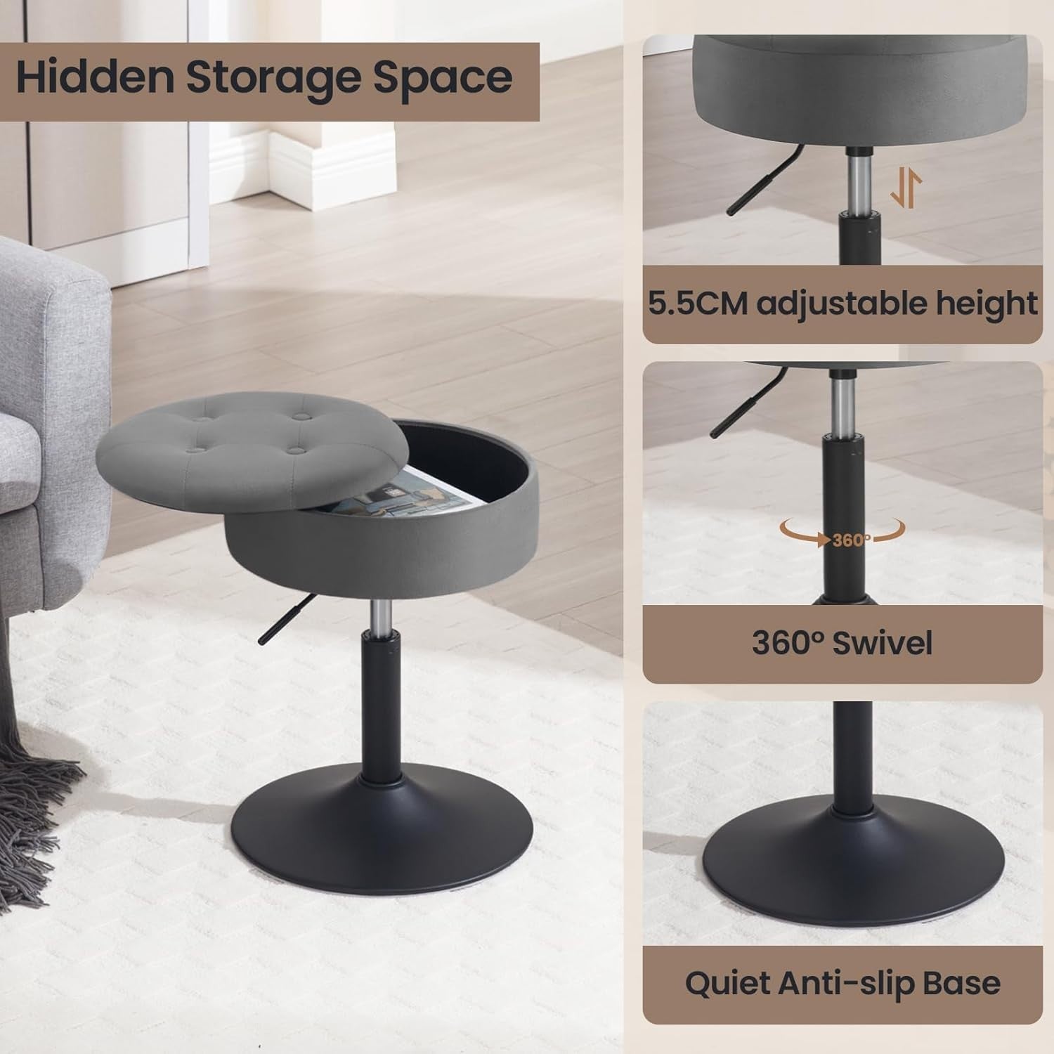 Dark Grey Velvet Swivel Vanity Stool with Storage Round Adjustable Seat