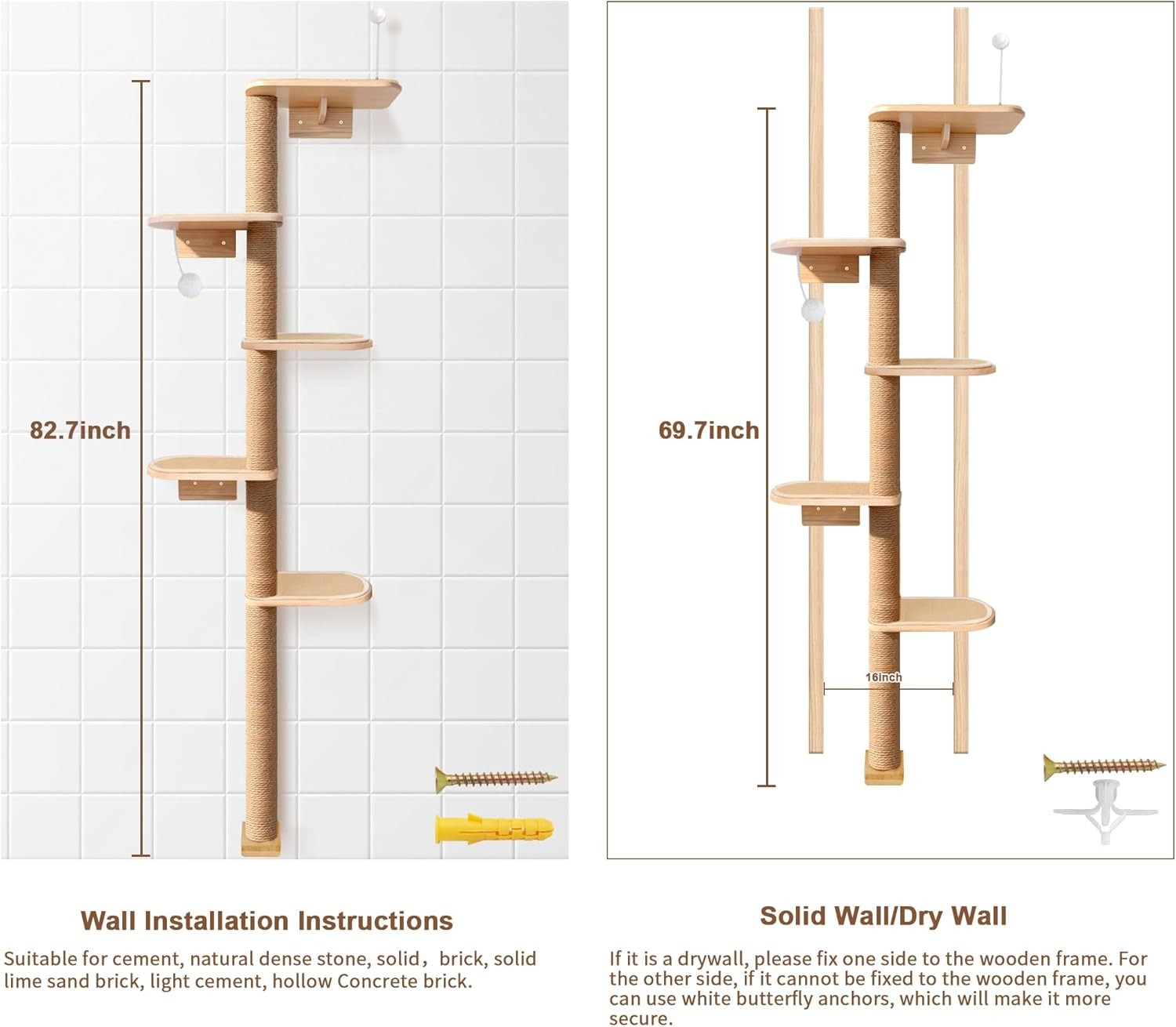 Tall Cat Tree 210cm Floor to Ceiling Wall Mounted Scratching Post 5 Tier