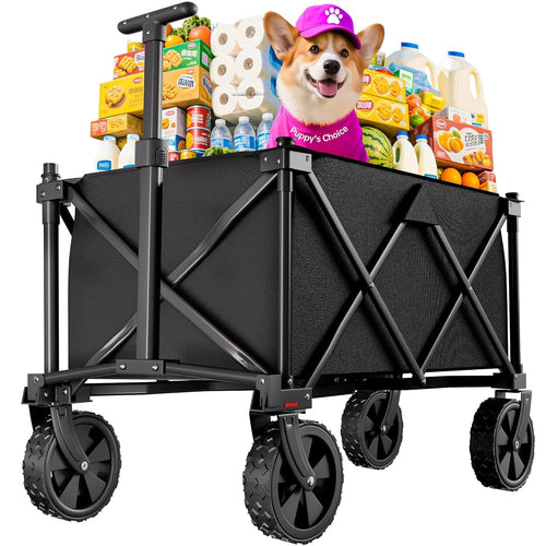 Dark Black Folding Wagon Cart Heavy Duty 360° Wheels Adjustable Handle 600D