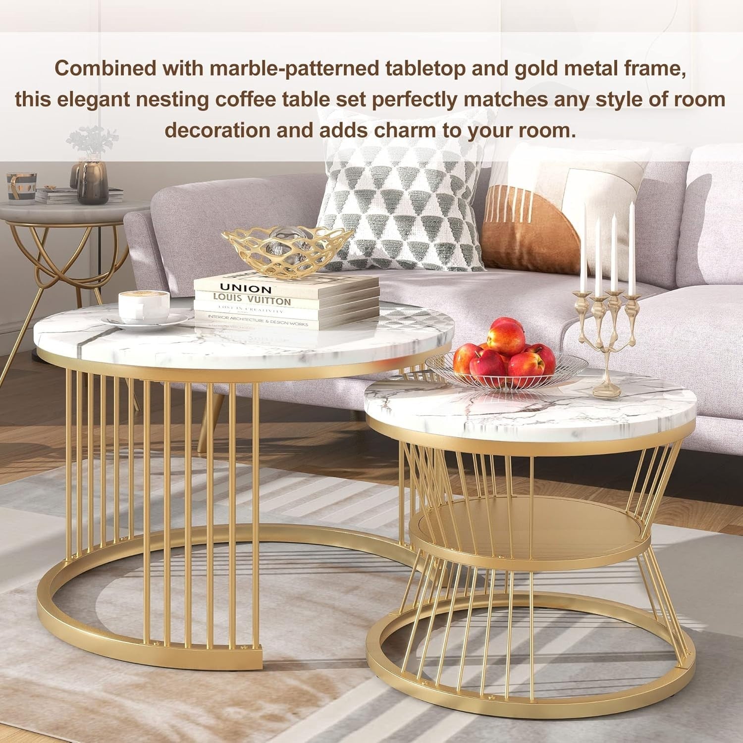 ModernLuxe Round Coffee Table Set of 2 with Gold Frame & Marble Top 70x45cm