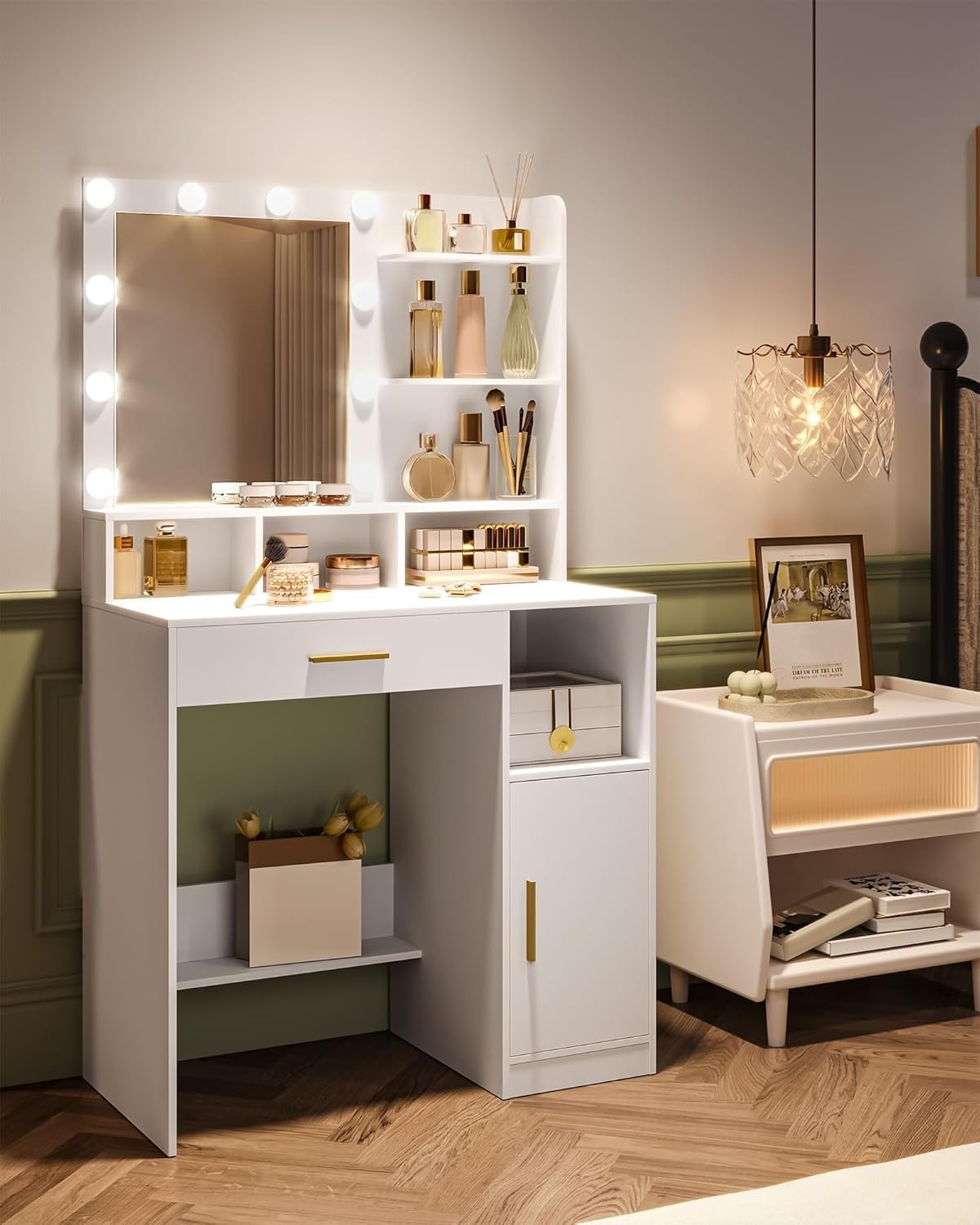 White Vanity Dressing Table Set with 10 Adjustable LED Lights Mirror Storage