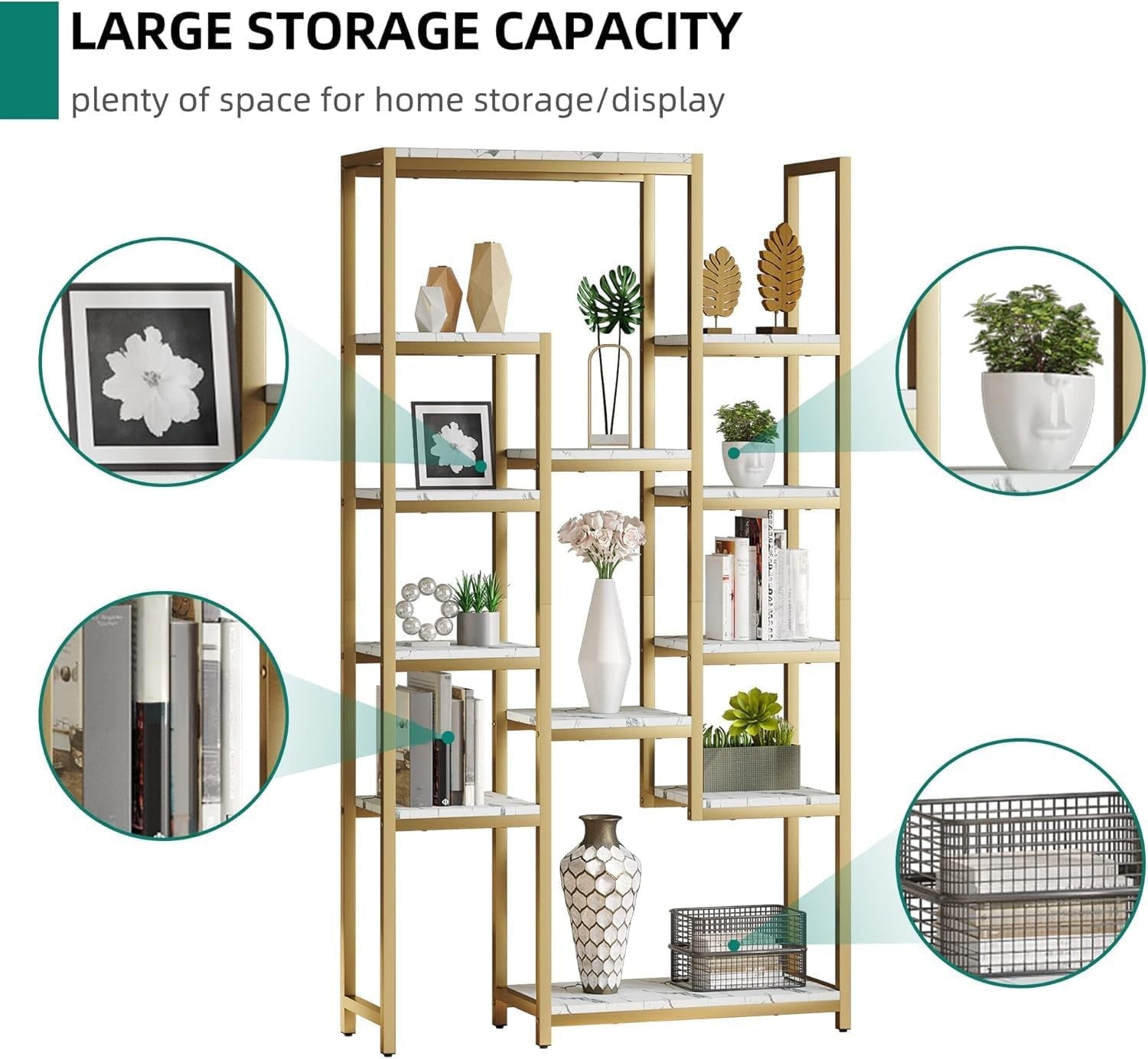 Modern Gold & White 6-Tier Bookcase | 12-Shelf Open Display Storage Unit