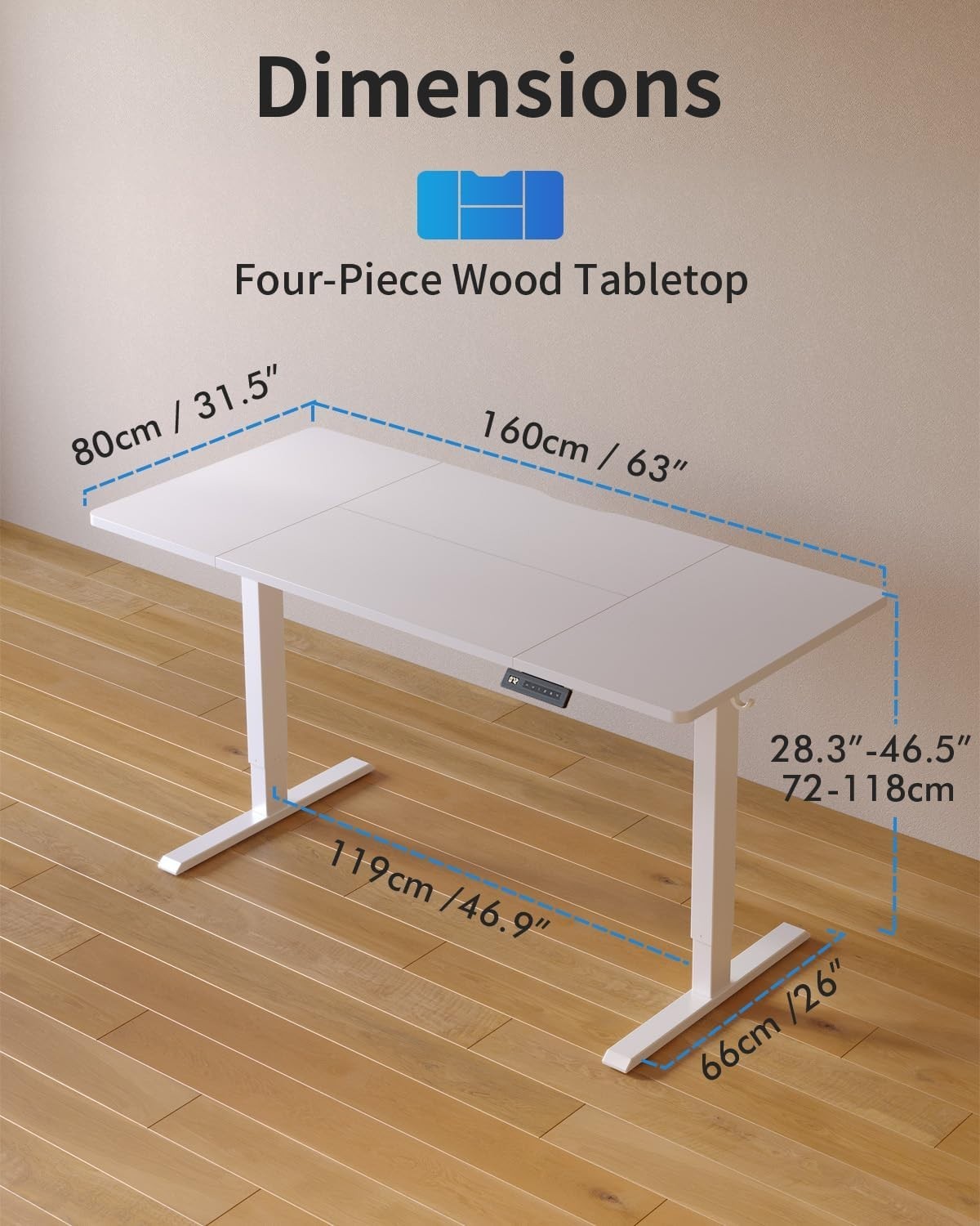 White 160x80cm Electric Standing Desk with 4 Memory Presets & Quiet Motor