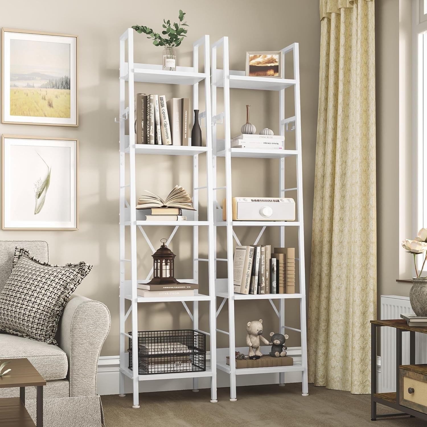 Slim 5 Tier Ladder Bookcase Narrow Storage Shelf Metal Wood White