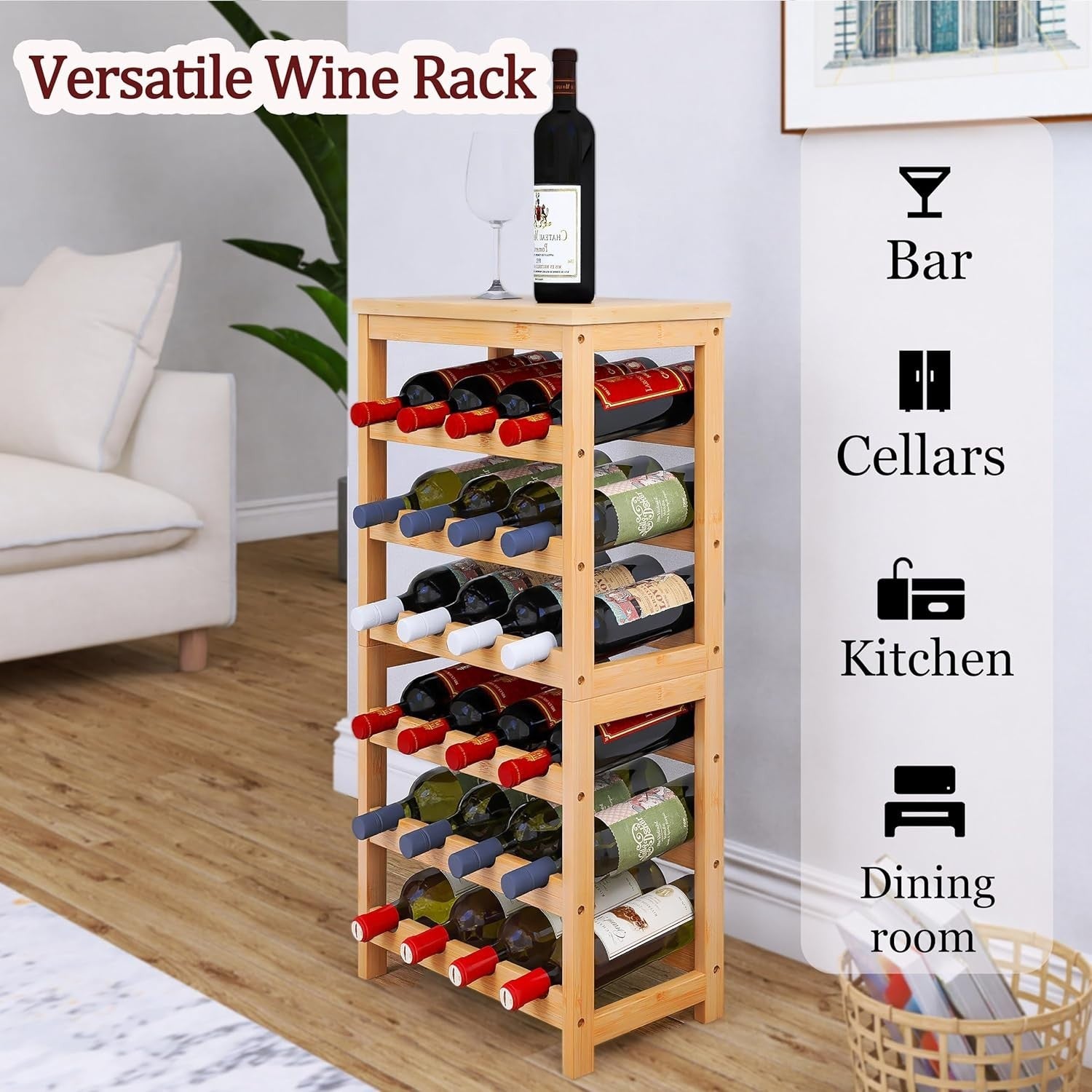 24 Bottle Wine Rack Freestanding 6 Tier Bamboo Storage Shelf