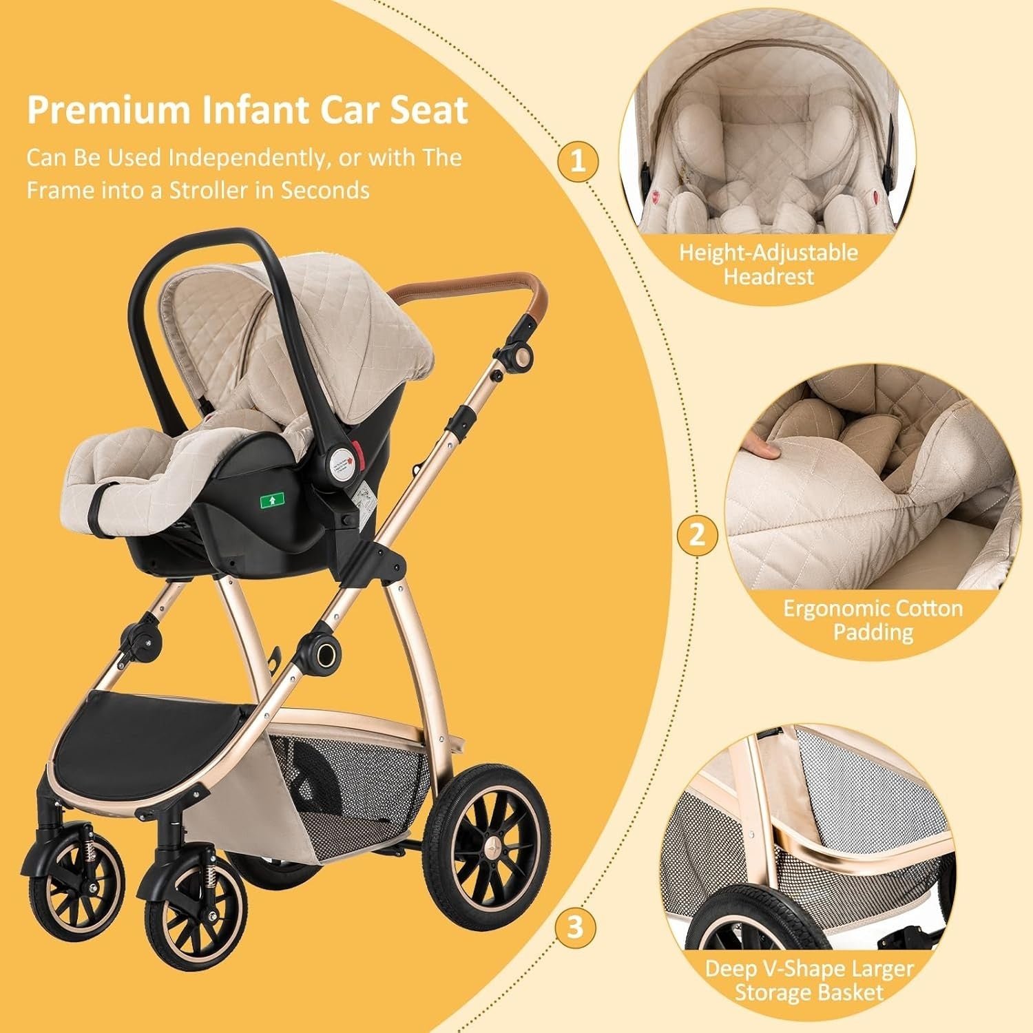3-in-1 Baby Stroller Travel System Car Seat Pram Adjustable Handle Pink