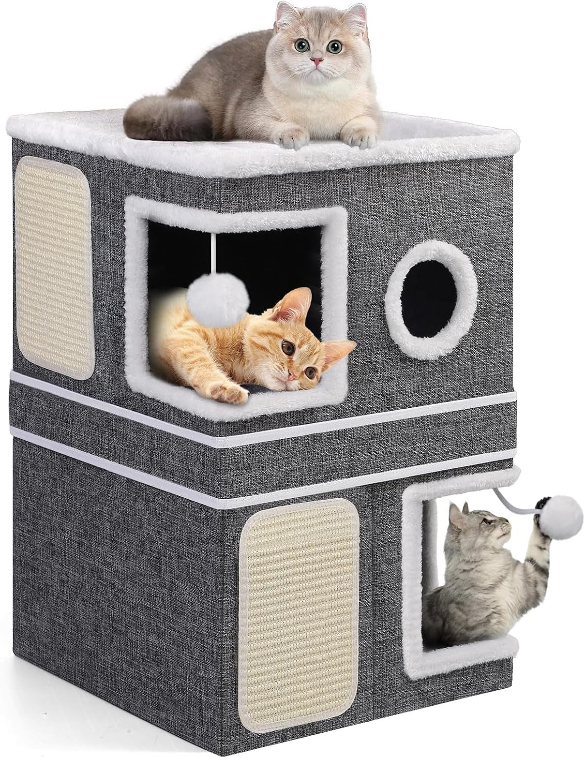 3 Tier Foldable Cat Cube House Cat Cave Condo w Scratch Pads Balls