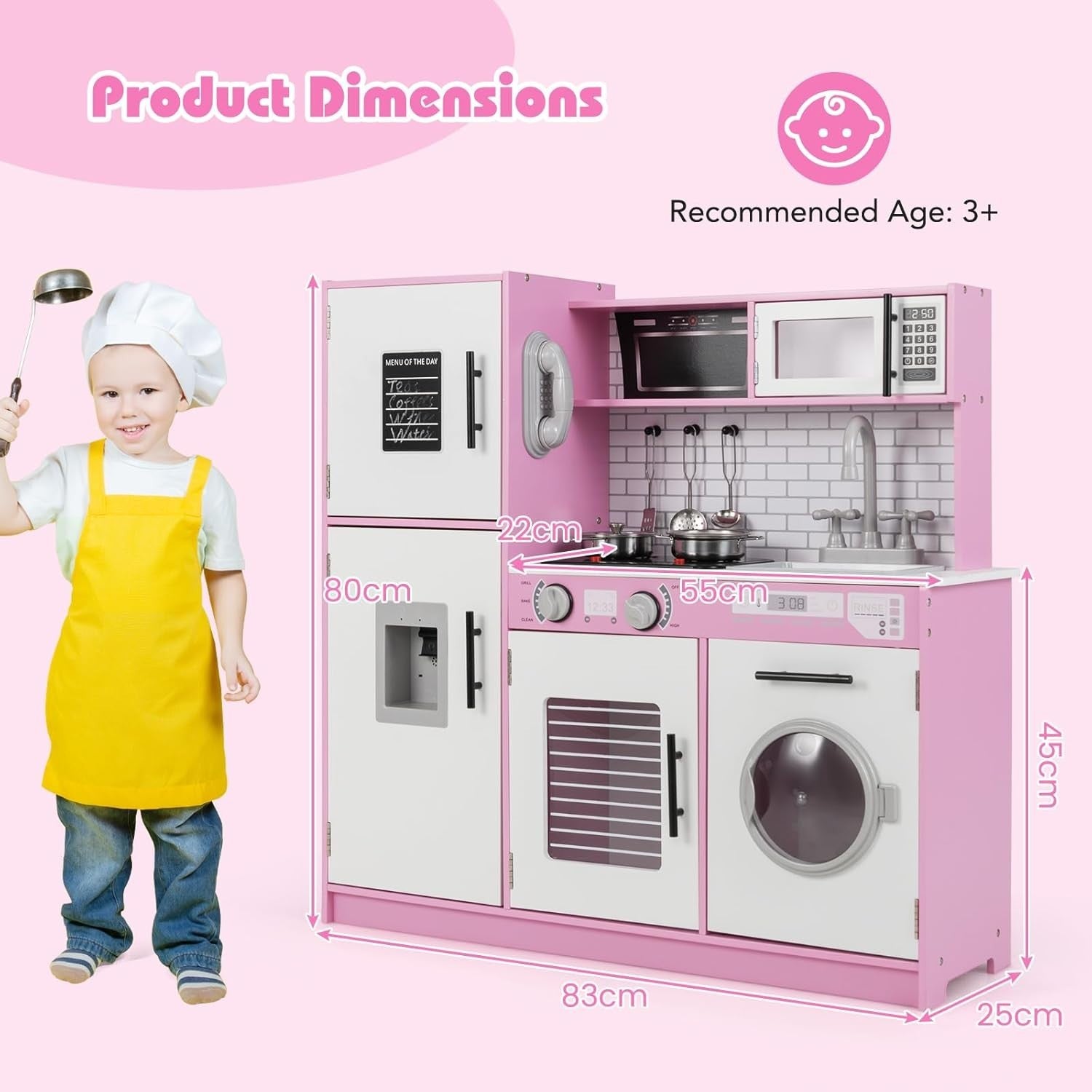 Kids Wooden Play Kitchen Lights Sounds Washing Machine Pink Toy