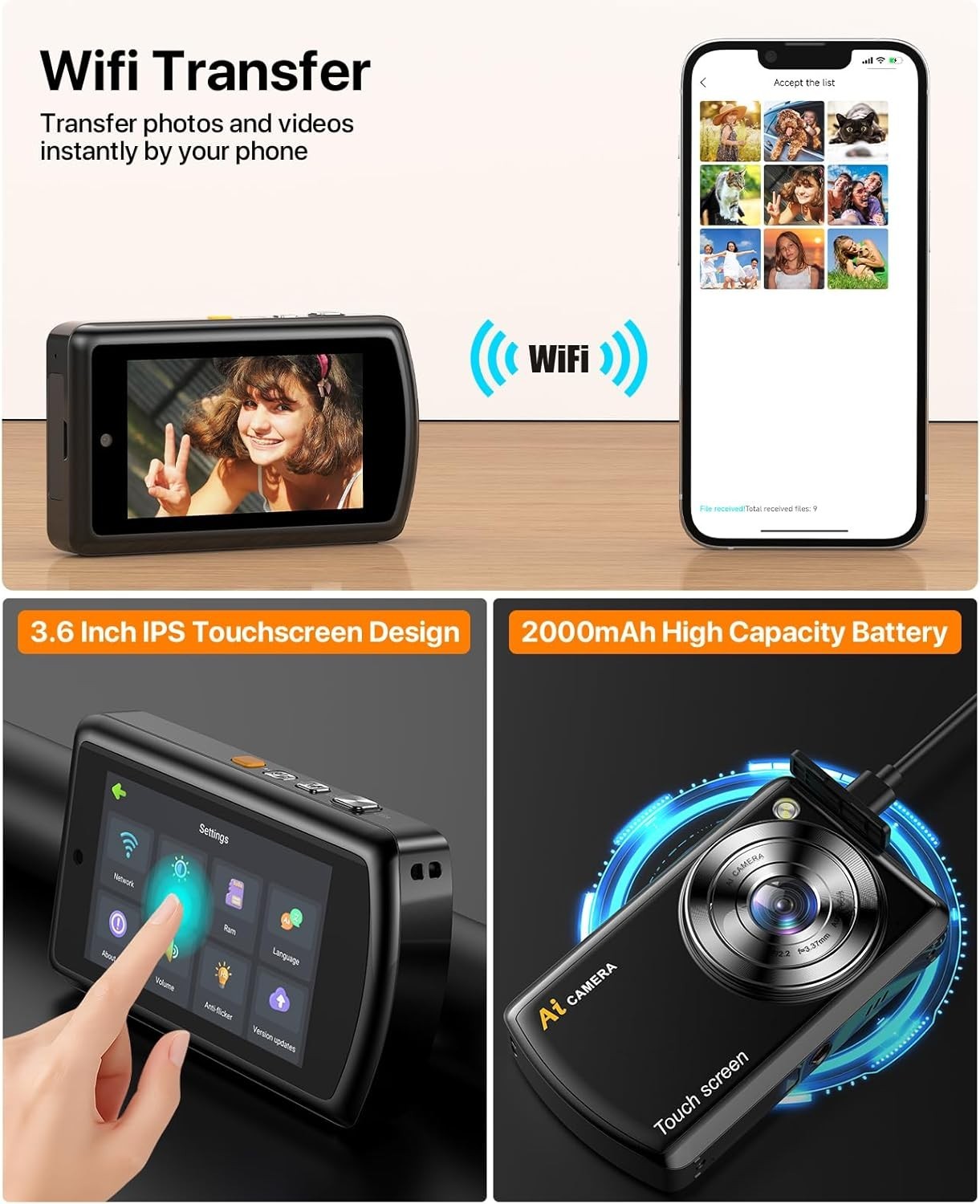 AI Smart Digital Camera WiFi Touch Screen Vlogging Camera Black