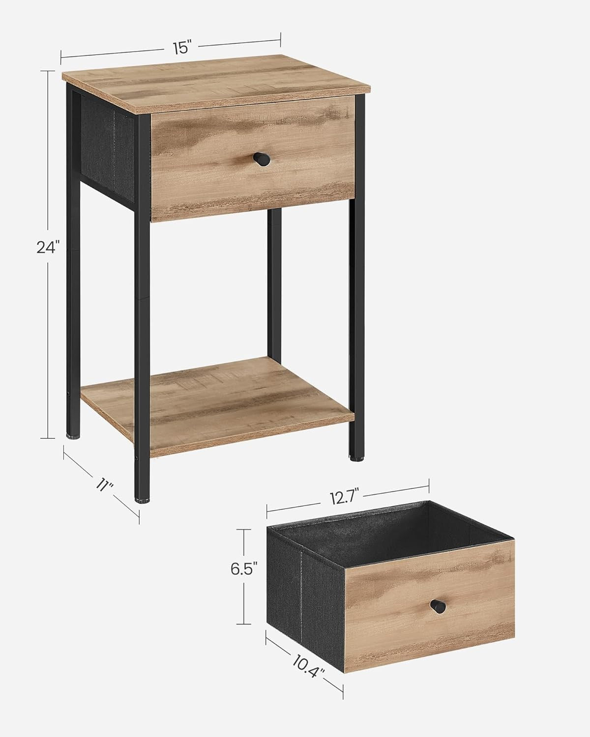 Tall Oak Bedside Table with Drawer & Shelf, Modern 24-Inch Nightstand Storage