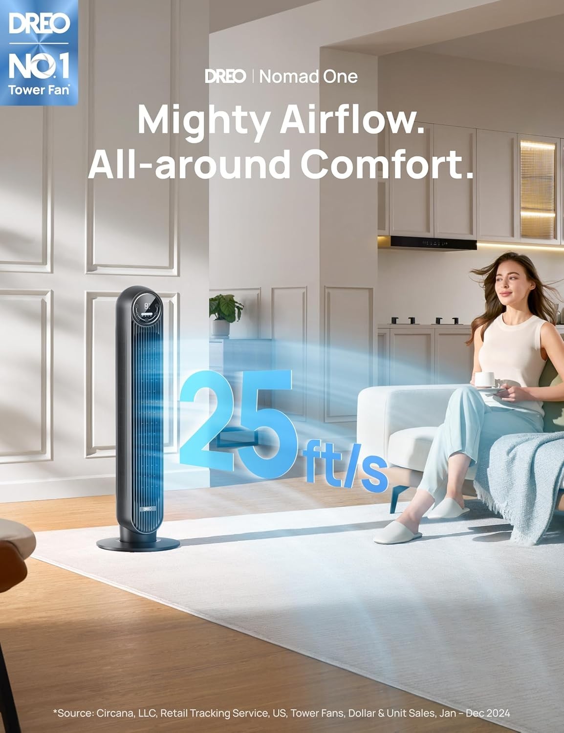 28dB Silent Tower Fan 25ft/s Velocity Electric Cooling Fan with Remote 4-Speed