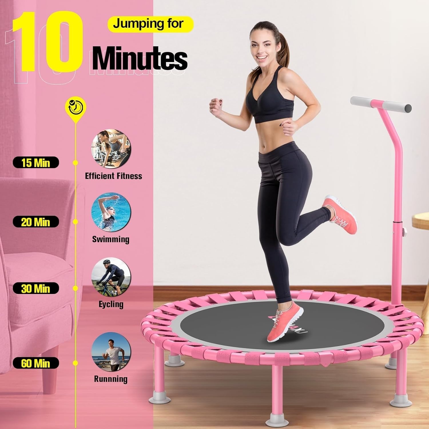 40in Folding Fitness Trampoline Rebounder Adjustable Handle 440lb