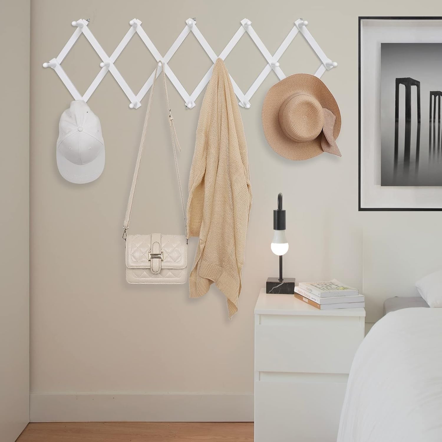 Expandable Wooden Wall Hat Rack White 16 Hooks Accordion Coat Hanger Organizer