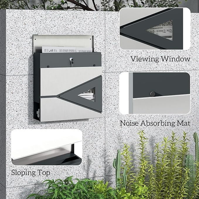 Wall Mounted Lockable Mailbox Silver | Weatherproof Steel Post Box w/ Window