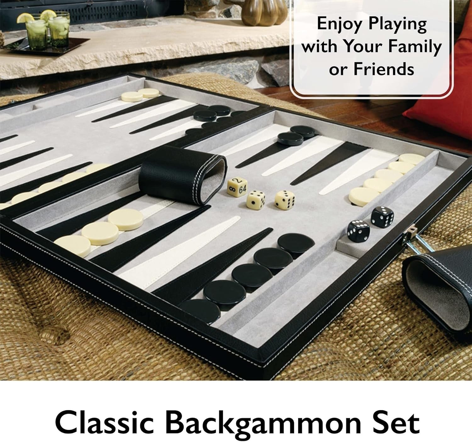 18 Inch Backgammon Board Game Faux Leather Travel Case Dice Checkers Set