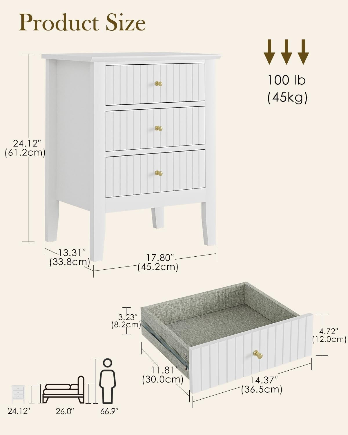 Modern White Bedside Table with 3 Drawers Wooden Nightstand Bedroom Storage