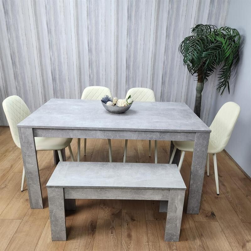 6 Seater Grey Dining Table Set with Cream Leather Chairs & Bench Oak Look