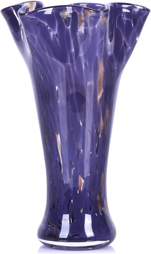 Purple Hand Blown Glass Vase Wide Mouth Flower Centerpiece Home Décor