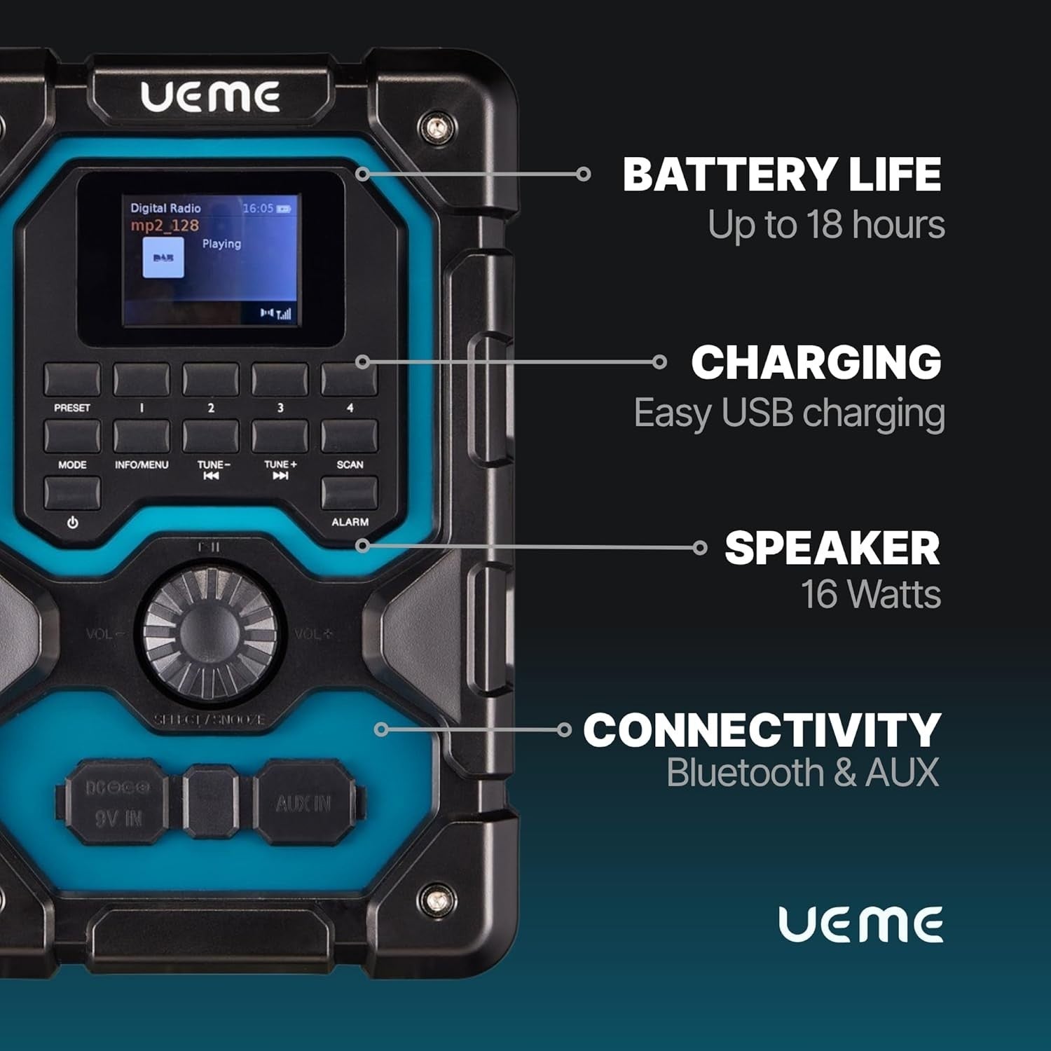 16W DAB/DAB+ FM Bluetooth Site Radio Rechargeable USB AUX