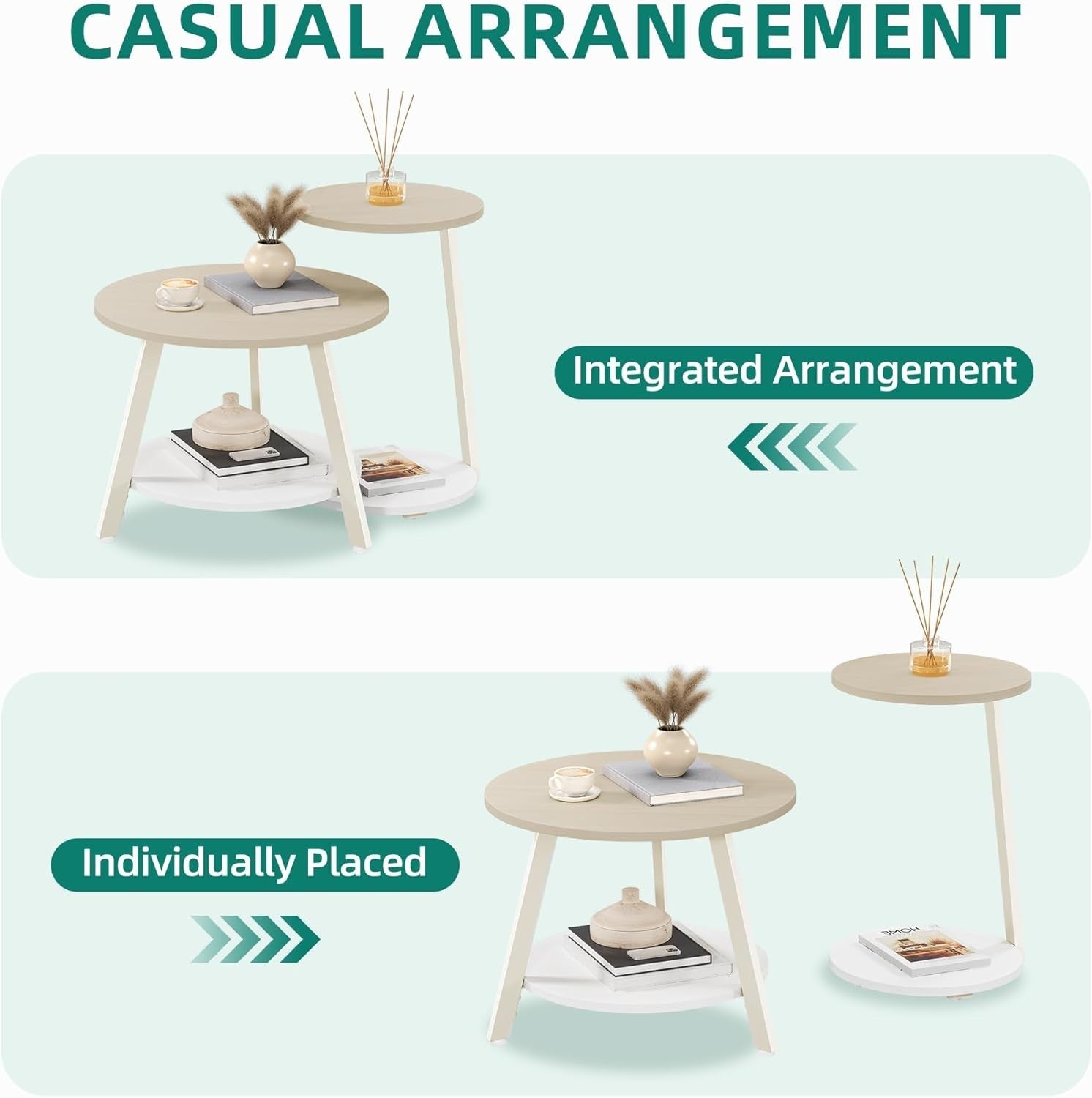 Round Nesting Coffee Table Set 2, Oak White Modern End Side Accent Tables