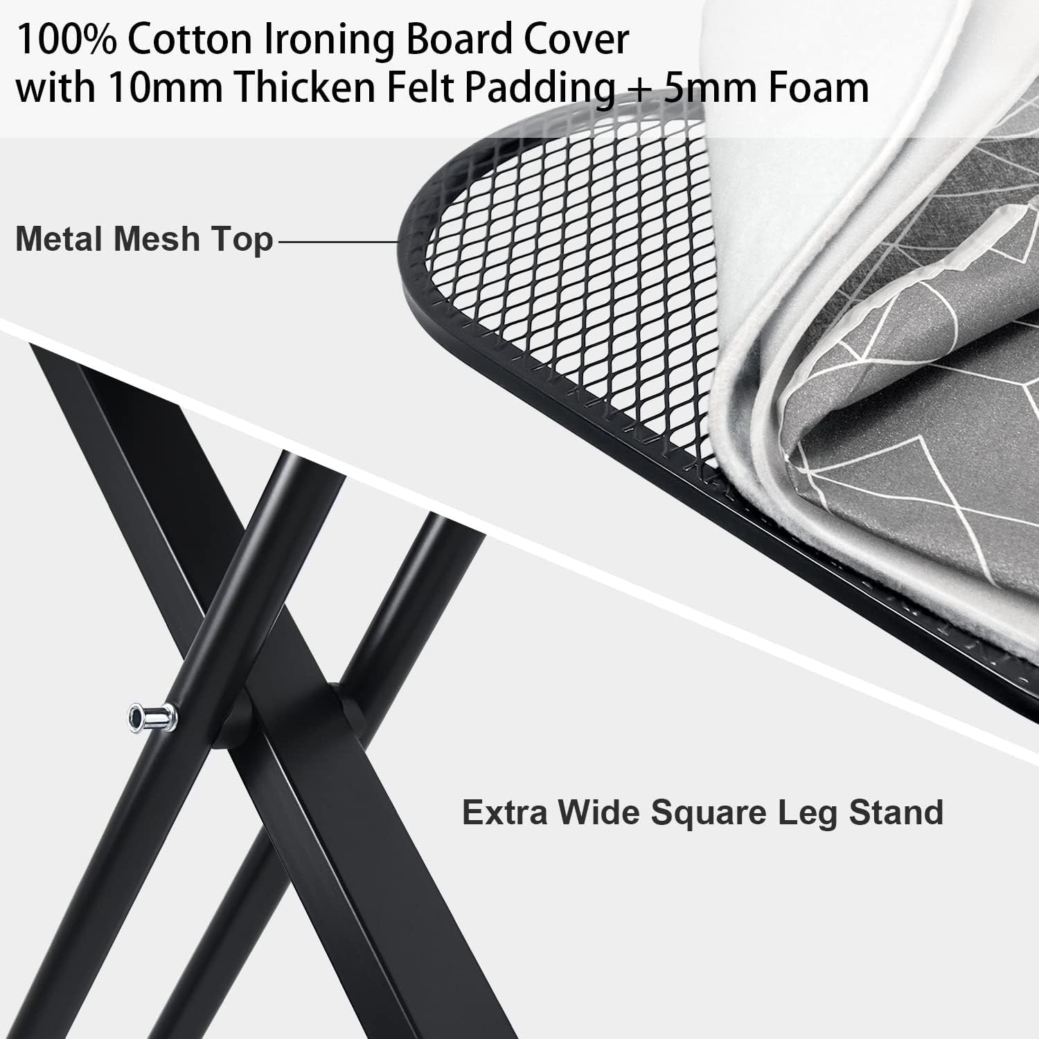 Extra Large Ironing Board 122x43cm Adjustable Height Steam Rest Grey