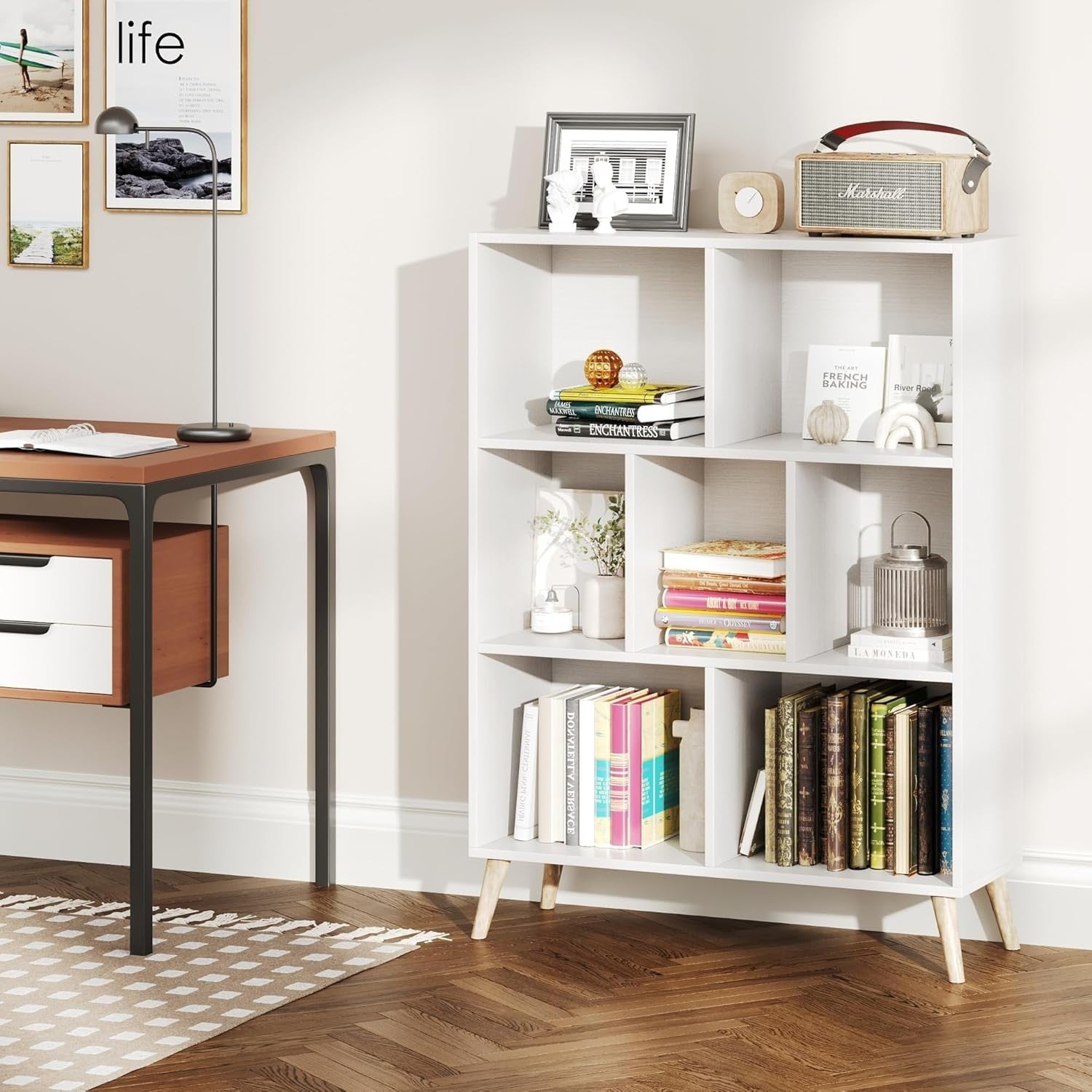 7 Cube White Wooden Bookcase Modern 3 Tier Storage Shelf with Legs 80x24x107cm
