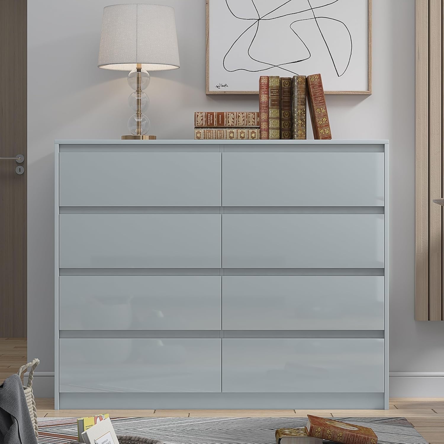 Glossy Grey 8 Drawer Chest - Modern Handleless Bedroom Storage Cabinet