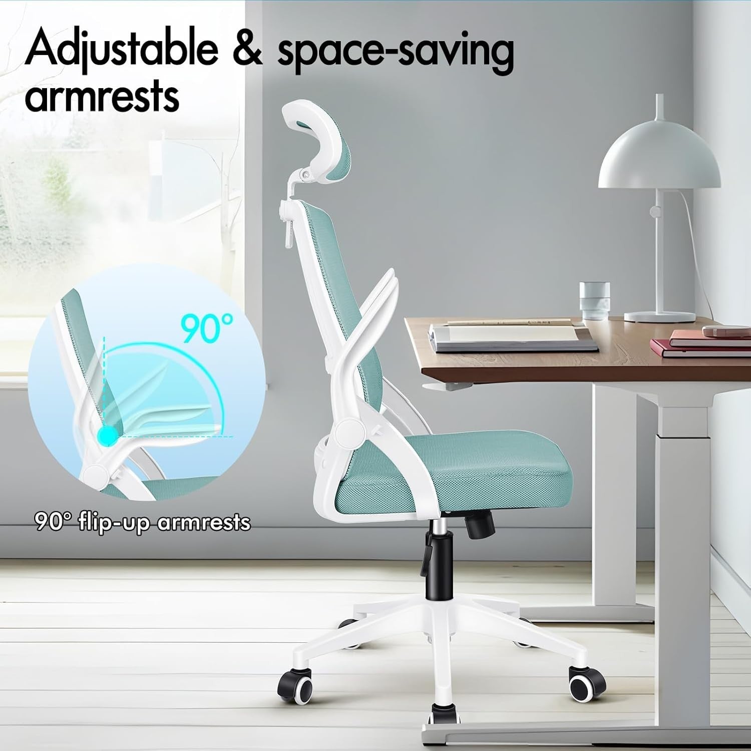 Ergonomic Office Chair Mesh Back Flip-up Arms High Back Lumbar Support Cyan