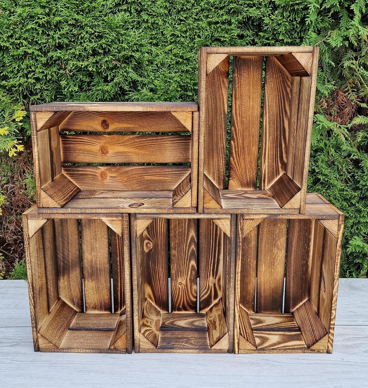 5-Piece Burnt Effect Wooden Storage Crates Organizer 30x20x15cm Durable