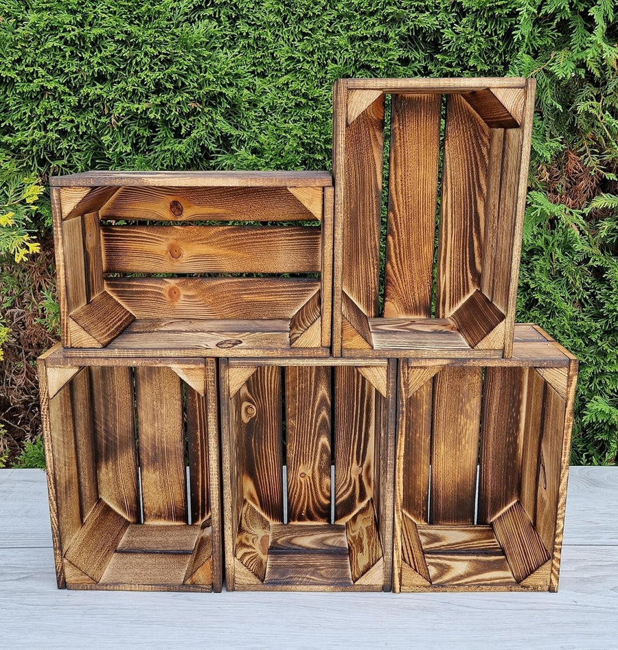 5-Piece Burnt Effect Wooden Storage Crates Organizer 30x20x15cm Durable