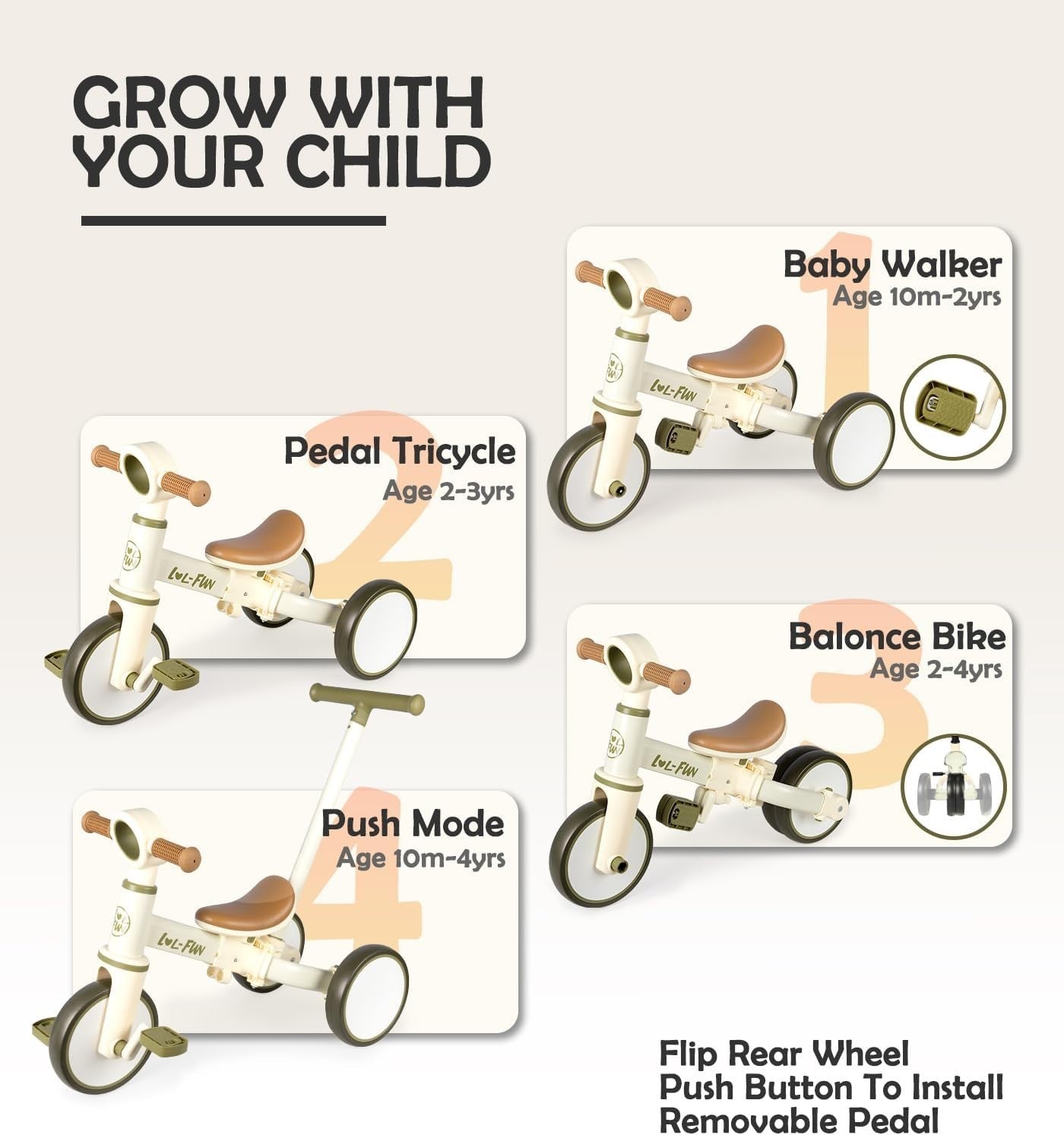 Convertible Toddler Tricycle Parent Push Handle Balance Bike Age 10M-4Y