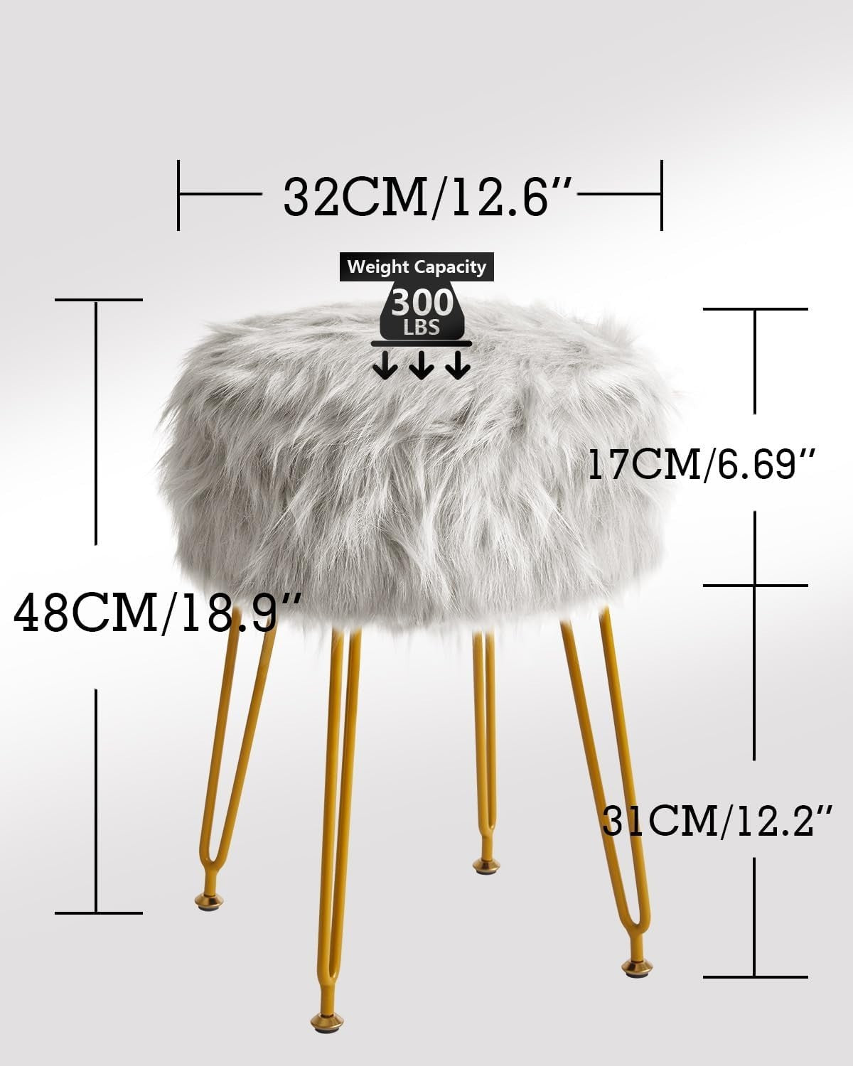 Grey Faux Fur Round Vanity Stool with Storage – Soft Ottoman Seat & Metal Legs