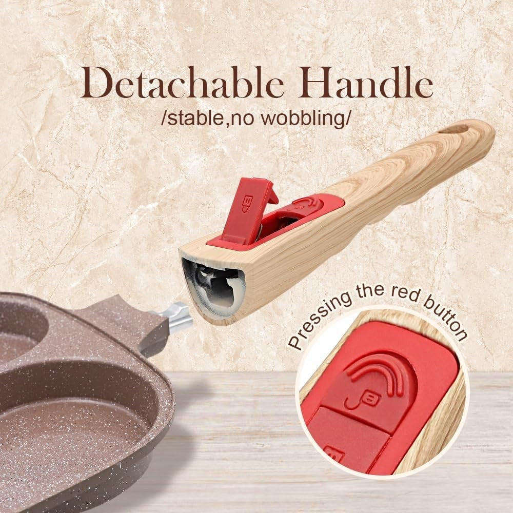 4-Cup Non-Stick Egg Pan Ceramic Pancake Skillet w/ Detachable Handle Brown