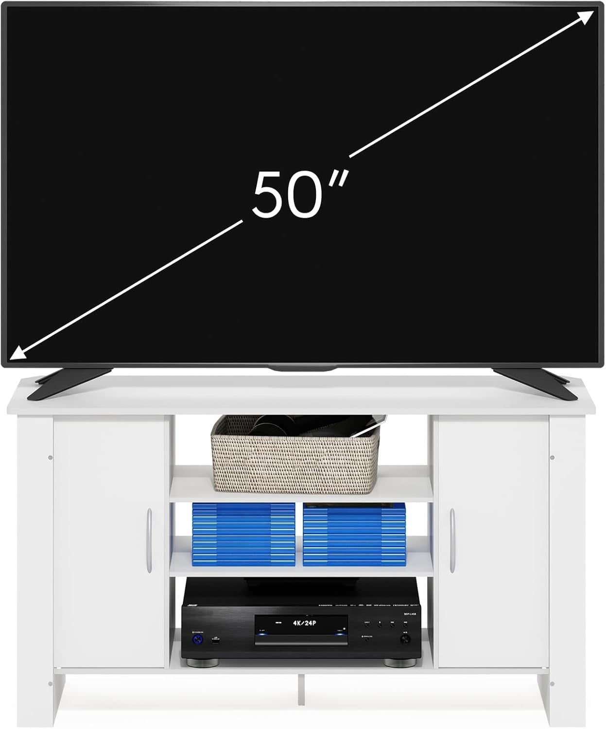 White TV Stand Cabinet Unit for 50" Flat Screen, Storage Doors Shelves